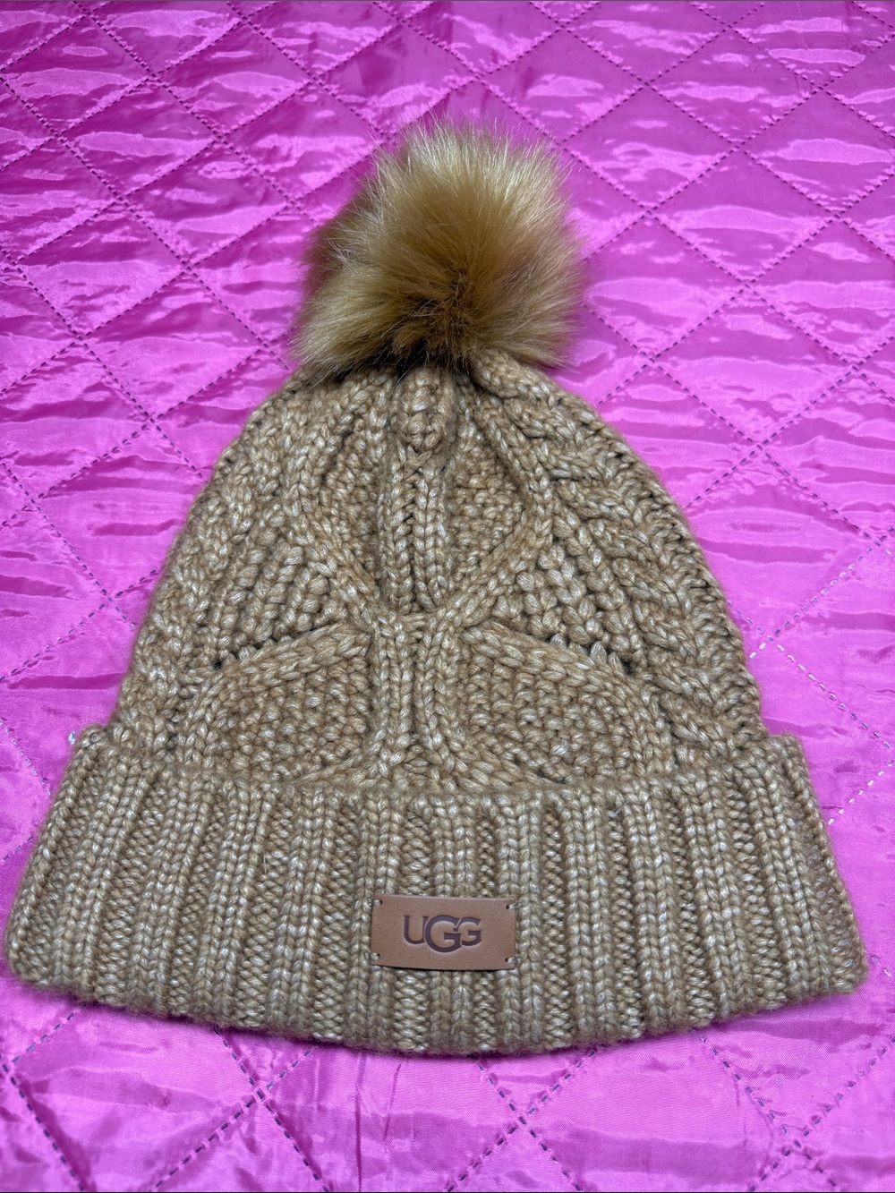 UGG Tan Cable-Knit Pom Beanie with Faux Fur Pom